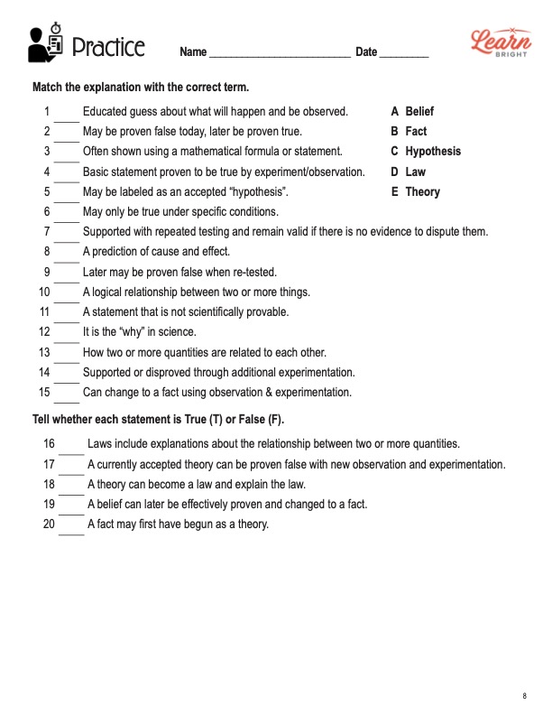 This is the practice worksheet for the Scientific Laws and Theories lesson plan. The orange Learn Bright logo is in the upper right corner of the page.