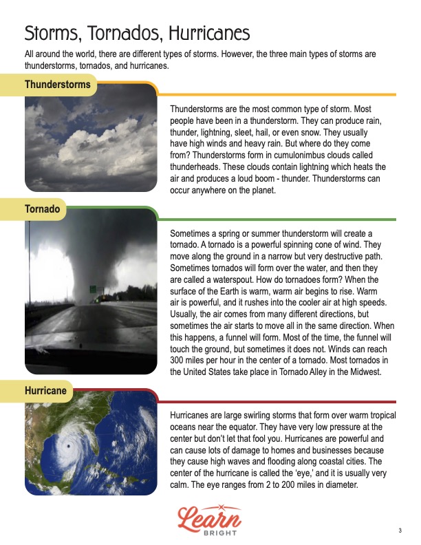 This is a content page for the Storms, Tornados, Hurricanes STEM lesson plan. There are photos of a thunderstorm, tornado, and hurricane. The orange Learn Bright logo is at the bottom of the page.