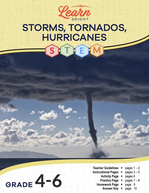 This is the title page for the Storms, Tornados, Hurricanes STEM lesson plan. The main image is of a tornado forming and coming close to touching the surface of the earth. The orange Learn Bright logo is at the top of the page.