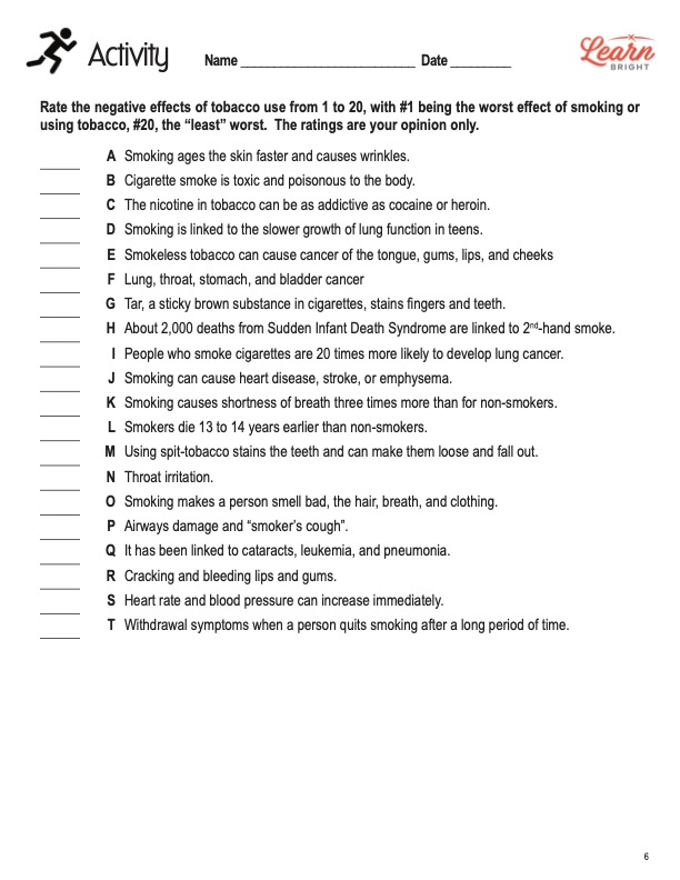 This is the activity worksheet for the Tobacco Is a Drug lesson plan. The orange Learn Bright logo is in the upper right corner of the page.