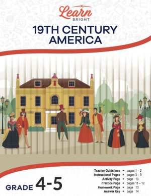 This is the title page for the 19th Century America lesson plan. The main image is an illustration of a colonial-style house with people walking outside it. The orange Learn Bright logo is at the top of the page.