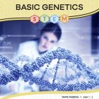 This is the title page for the Basic Genetics STEM lesson plan. The main image is of a scientists reviewing data. A graphic of a strand of DNA is suspended across the image. The orange Learn Bright logo is at the top of the page.