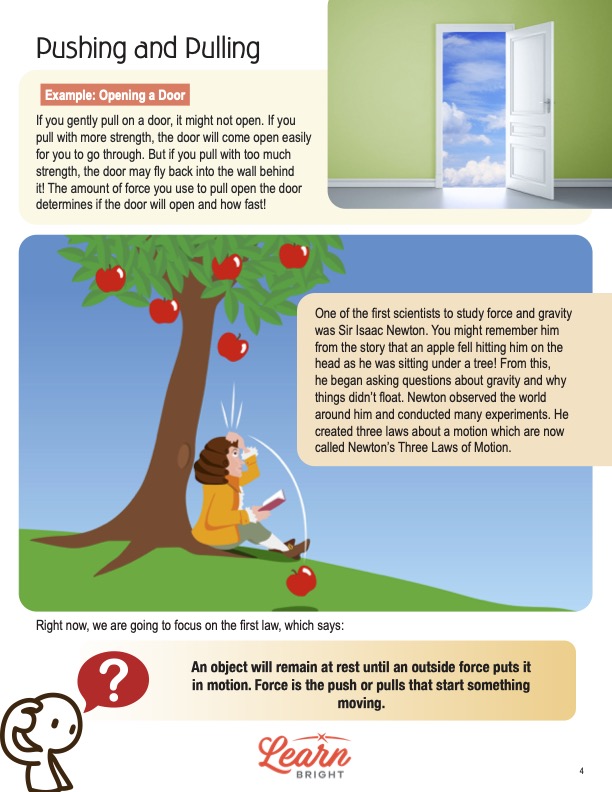 This is a content page for the Friction and Gravity STEM lesson plan. There is an illustration of an open door leading outside. There is an illustration of Sir Isaac Newton under an apple tree and a fallen apple on the ground. The orange Learn Bright logo is at the bottom of the page.