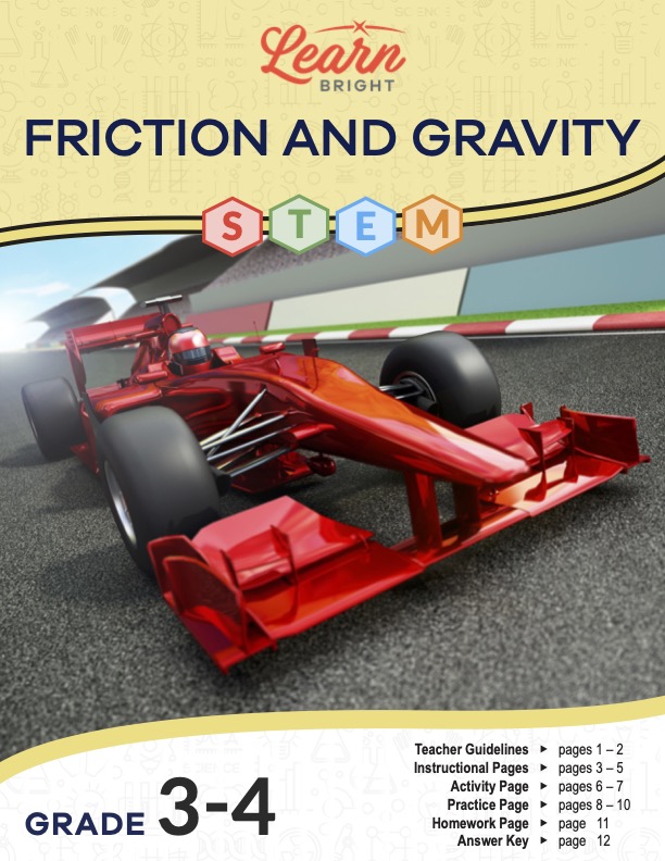 This is the title page for the Friction and Gravity STEM lesson plan. The main image is of a red race car speeding down a track. The orange Learn Bright logo is at the top of the page.