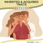 This is the title page for the Inherited and Acquired Traits STEM lesson plan. The main image is an illustration showing three people. The person in the middle shares half his face with the mother and half with the father to represent heredity. The orange Learn Bright logo is at the top of the page.