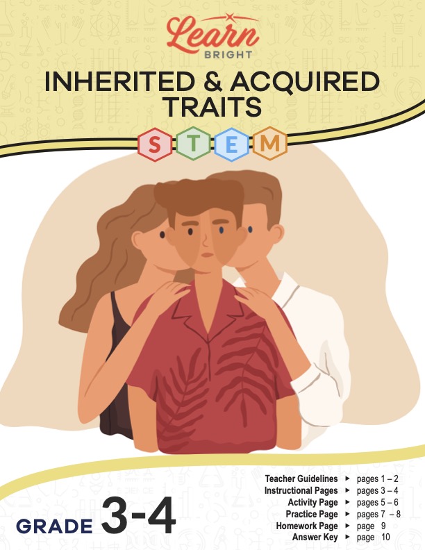 This is the title page for the Inherited and Acquired Traits STEM lesson plan. The main image is an illustration showing three people. The person in the middle shares half his face with the mother and half with the father to represent heredity. The orange Learn Bright logo is at the top of the page.