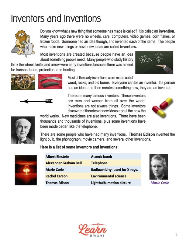 This is a content page for the Inventors and Inventions lesson plan. There are pictures of several different objects and people scattered around the page, such as pills, a wheel, Marie Curie, and a weapon of some kind. The orange Learn Bright logo is at the bottom of the page.