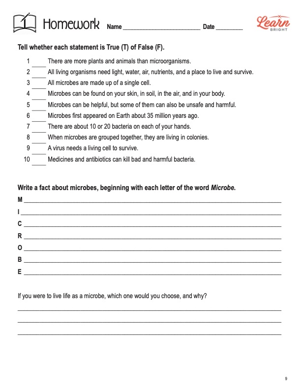 This is the homework worksheet for the Microbes lesson plan. The orange Learn Bright logo is in the upper right corner of the page.