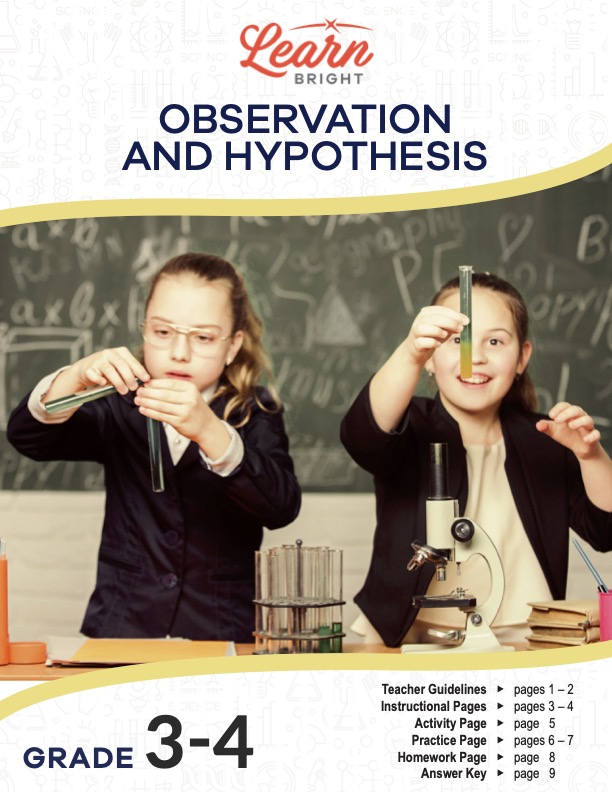 This is the title page for the Observation and Hypothesis lesson plan. The main image is of two girls working with a microscope and other lab equipment. The orange Learn Bright logo is at the top of the page.