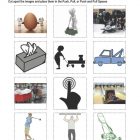 This is the activity worksheet for the Pushing and Pulling lesson plan. There are 12 images or graphics, including an egg, someone sweeping, a bobsled and team, a tissue box, a tow truck, a bowling alley, and someone pulling up on a pull-up bar. The orange Learn Bright logo is in the upper right corner of the page.
