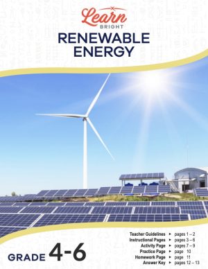 This is the title page for the Renewable Energy lesson plan. The main image is of a wind turbine and a bunch of solar panels. The orange Learn Bright logo is at the top of the page.