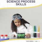 This is the title page for the Science Process Skills lesson plan. The main image is of a girl observing a green liquid in a beaker on a table. There are other test tubes and containers on the table. The orange Learn Bright logo is at the top of the page.
