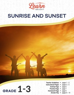 This is the title page for the Sunrise and Sunset lesson plan. The main image is of some people with their hands toward the sky during a sunset where the clouds are all orange. The orange Learn Bright logo is at the top of the page.