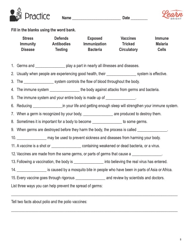 This is the practice worksheet for the Vaccines lesson plan. The orange Learn Bright logo is in the upper right corner of the page.