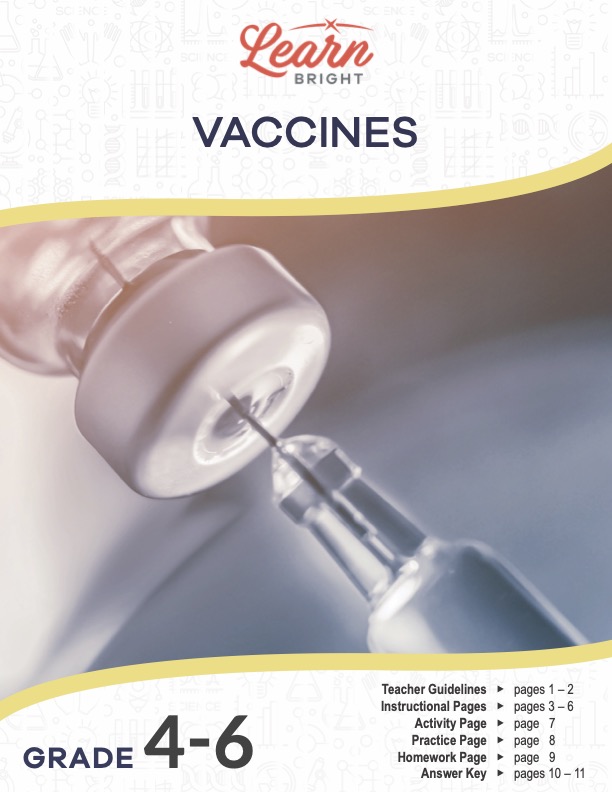 This is the title page for the Vaccines lesson plan. The main image is of a needle inserted into the cap of a vial of medicine. The orange Learn Bright logo is at the top of the page.