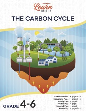 This is the title page for the Carbon Cycle lesson plan. The main image is a graphic of a piece of Earth with houses, factories, lakes, and trees. The orange Learn Bright logo is at the top of the page.