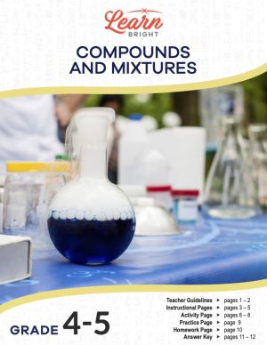 This is the title page for the Compounds and Mixtures lesson plan. The main image is a photo of a flask of blue liquid with a white gaseous substance coming out the top. There are other beakers and jars in the background. The orange Learn Bright logo is at the top of the page.