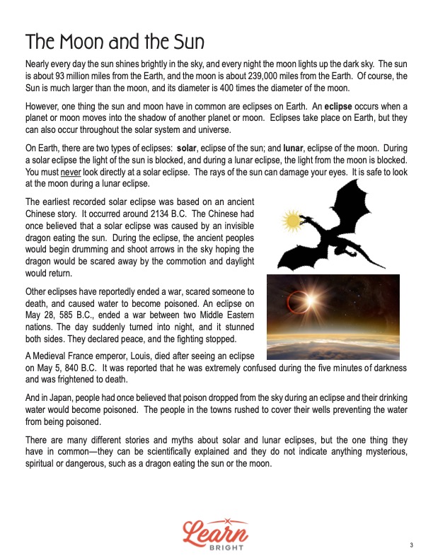 This is a content page for the Eclipses lesson plan. There is a graphic of a dragon eating a sun. There is a photo of a moon moving in front of the sun from an outer space perspective. The orange Learn Bright logo is at the bottom of the page.