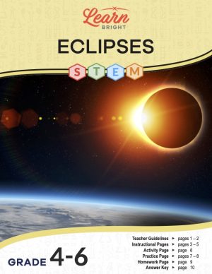 This is the title page for the Eclipses STEM lesson plan. The main image is a photo of a solar eclipse from outer space. The orange Learn Bright logo is at the top of the page.