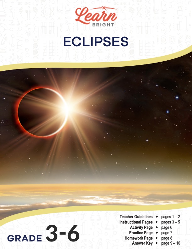 This is the title page for the Eclipses lesson plan. The main image is a photo from space showing the moon moving in front of the sun. The orange Learn Bright logo is at the top of the page.