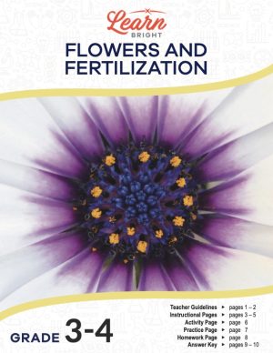 This is the title page for the Flowers and Fertilization lesson plan. The main image is of a flower that shows a close-up view of the middle part of a flower. The orange Learn Bright logo is at the top of the page.