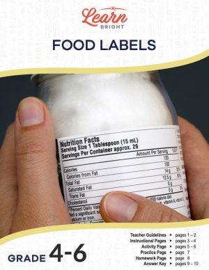This is the title page for the Food Labels lesson plan. The main image shows someone holding a bottle that reveals the nutrition label. The orange Learn Bright logo is at the top of the page.