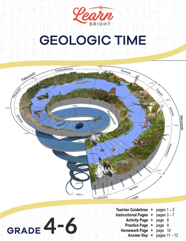 This is the title page for the Geologic Time lesson plan. The main image is a pictorial time line of the age of the earth divided into eras, periods, and so forth. The orange Learn Bright logo is at the top of the page.