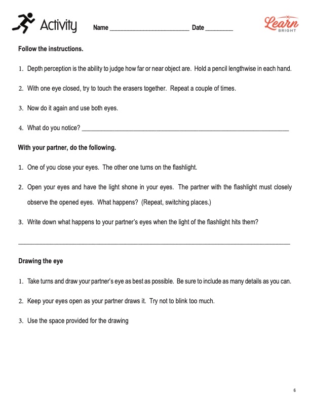 This is the activity worksheet for the Human Eye lesson plan. The orange Learn Bright logo is in the upper right corner of the page.