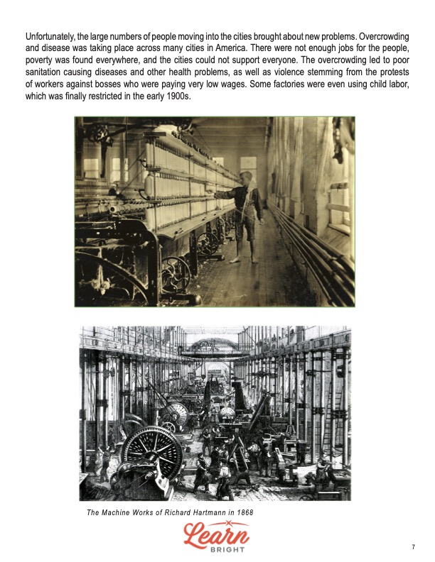 This is a content page for the Industrial Revolution lesson plan. There is an photo of a factory and a child worker without shoes looking at something. There is a picture of Richard Hartmann's "The Machine Works" from 1868. The orange Learn Bright logo is at the bottom of the page.