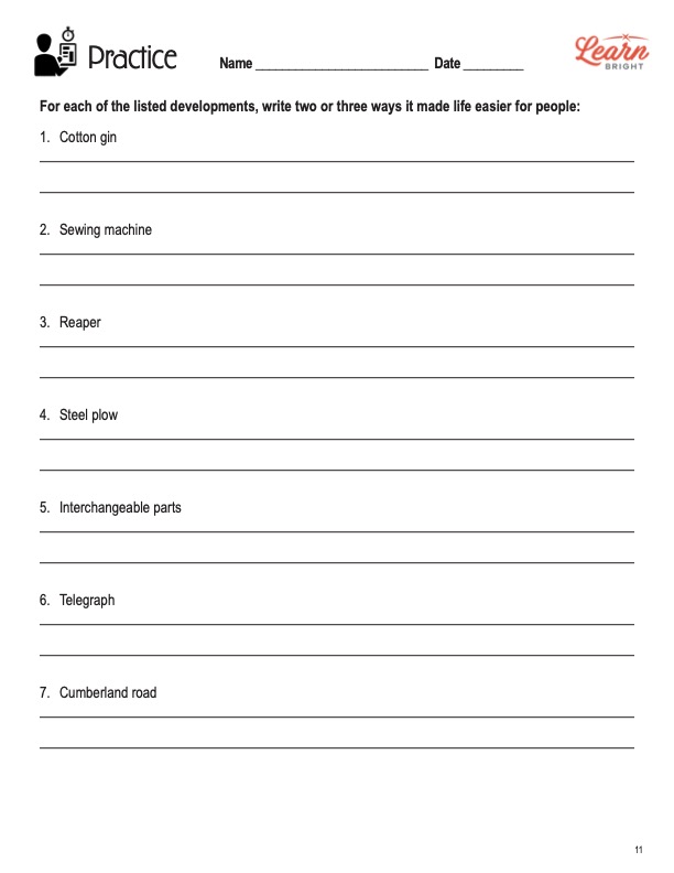 This is a practice worksheet for the Industrial Revolution lesson plan. The orange Learn Bright logo is in the upper right corner of the page.