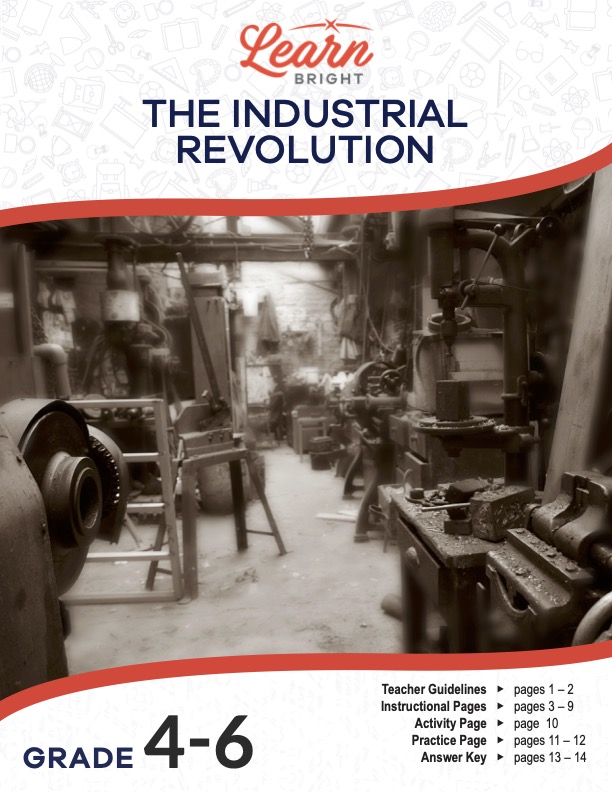 This is the title page for the Industrial Revolution lesson plan. The main image is a photograph of a workshop of some kind with various machines and tools. The orange Learn Bright logo is at the top of the page.
