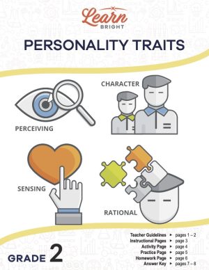 This is the title page for the Personality Traits lesson plan. The main image shows various graphics that relate to a person's personality, such as character and perception. The orange Learn Bright logo is at the top of the page.