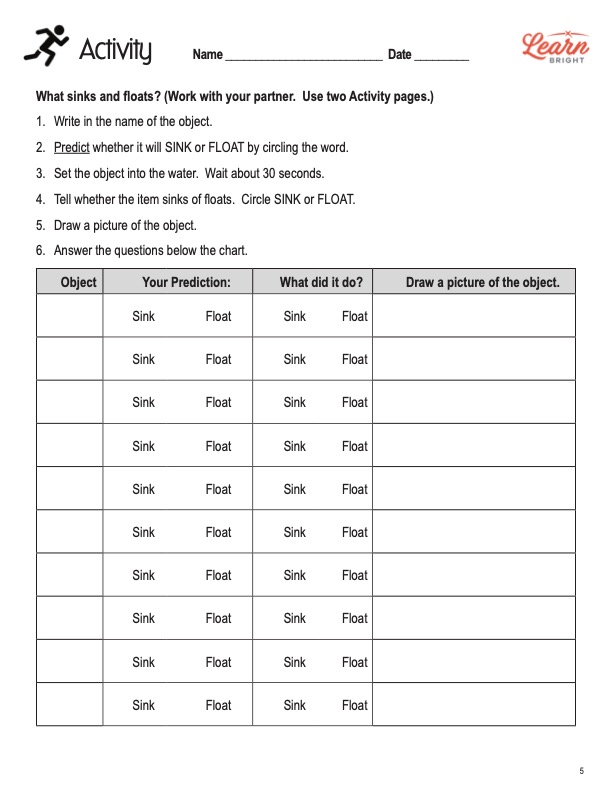 This is the activity worksheet for the Sink or Float lesson plan. The orange Learn Bright logo is in the upper right corner of the page.