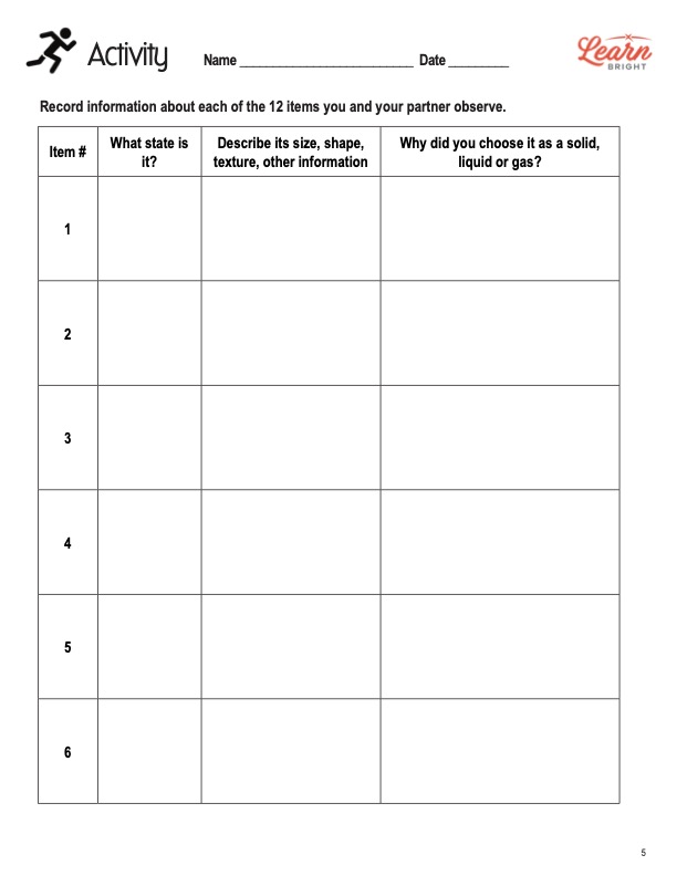This is an activity worksheet for the States of Matter lesson plan. The orange Learn Bright logo is in the upper right corner of the page.