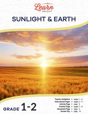 This is the title page for the Sunlight and Earth lesson plan. The main image is of a sunset over a meadow. The orange Learn Bright logo is at the top of the page.