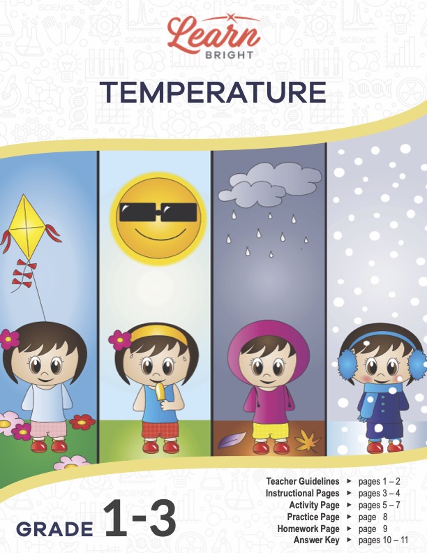 This is the title page for the Temperature lesson plan. The main image shows four columns that represent different weather conditions with a kid wearing appropriate clothing for that weather. The orange Learn Bright logo is at the top of the page.
