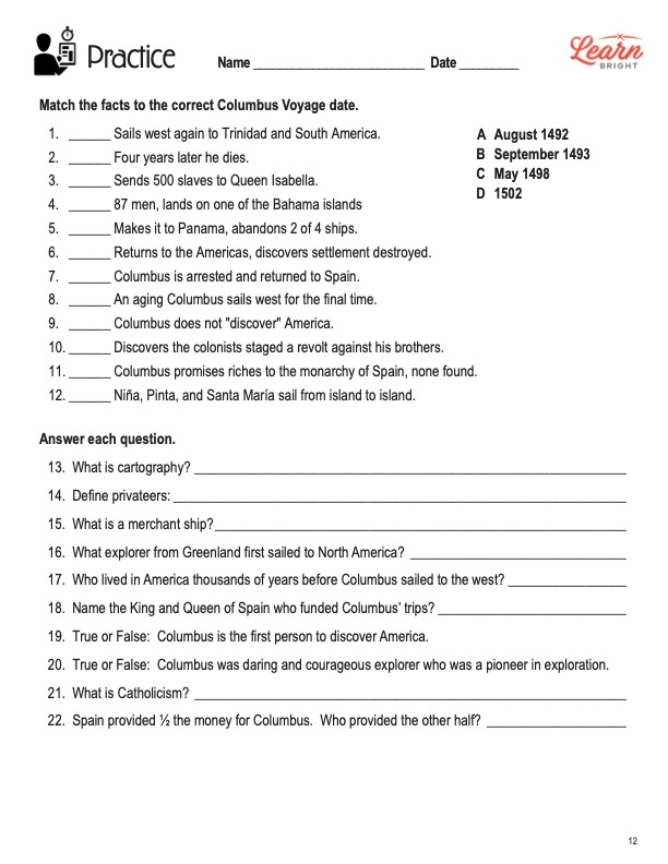 This is the practice worksheet for the Columbus and America lesson plan. The orange Learn Bright logo is in the upper right corner of the page.