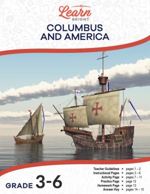 This is the title page for the Columbus and America lesson plan. The main image is an illustration of a couple old ships sailing in the ocean. The orange Learn Bright logo is at the top of the page.