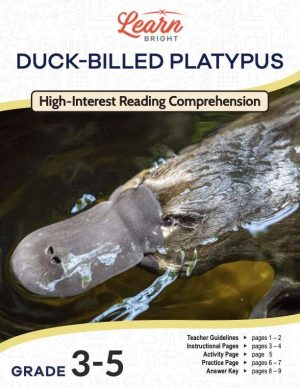 This is the title page for the Duck-billed Platypus lesson plan. The main image is of a platypus swimming in water. The orange Learn Bright logo is at the top of the page.