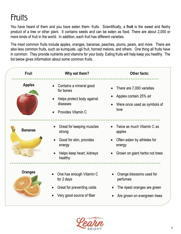 This is a content page for the Fruits and Vegetables lesson plan. There are images of an apple, bananas, and an orange. The orange Learn Bright logo is at the bottom of the page.