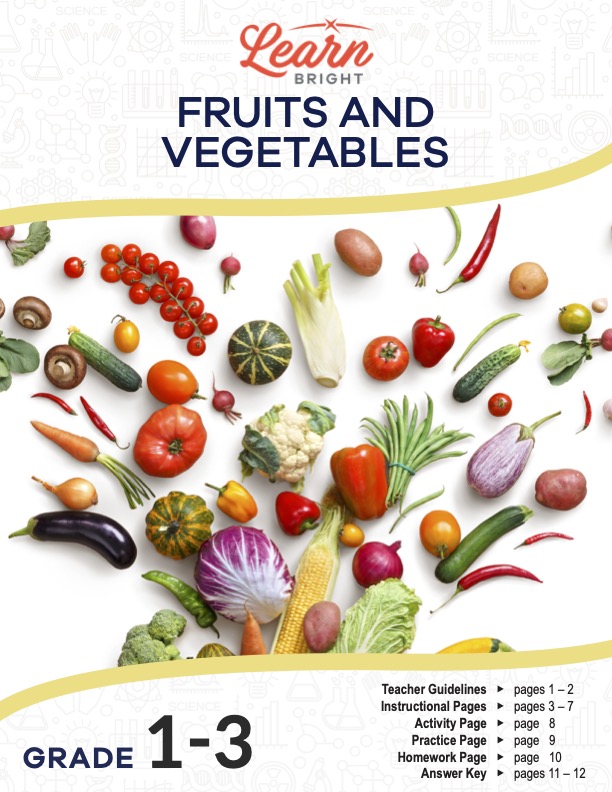 This is the title page for the Fruits and Vegetables lesson plan. The main image shows a bunch of different fruits and vegetables, such as eggplant, tomato, squash, corn, lime, and corn. The orange Learn Bright logo is at the top of the page.