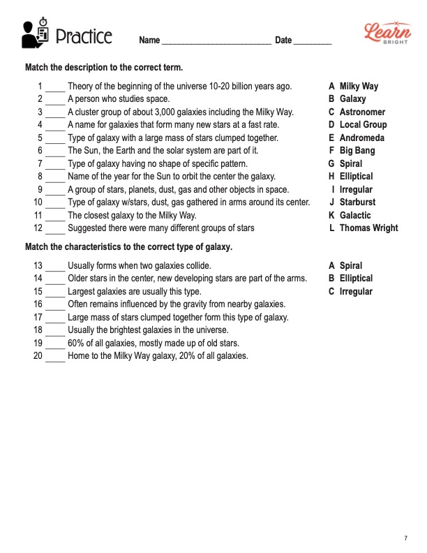 This is the practice worksheet for the Galaxies lesson plan. The orange Learn Bright logo is in the upper right corner of the page.