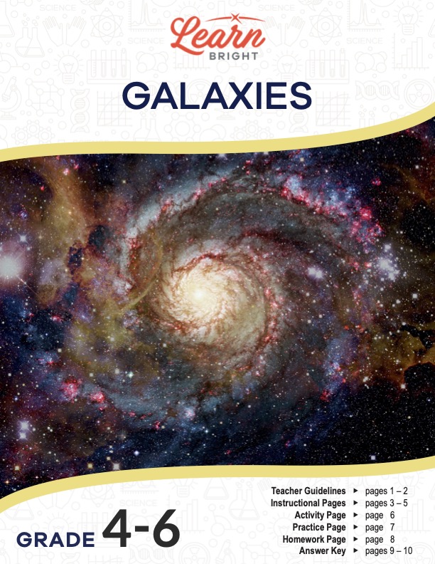 This is the title page for the Galaxies lesson plan. The main image is of a spiral galaxy. The orange Learn Bright logo is at the top of the page.