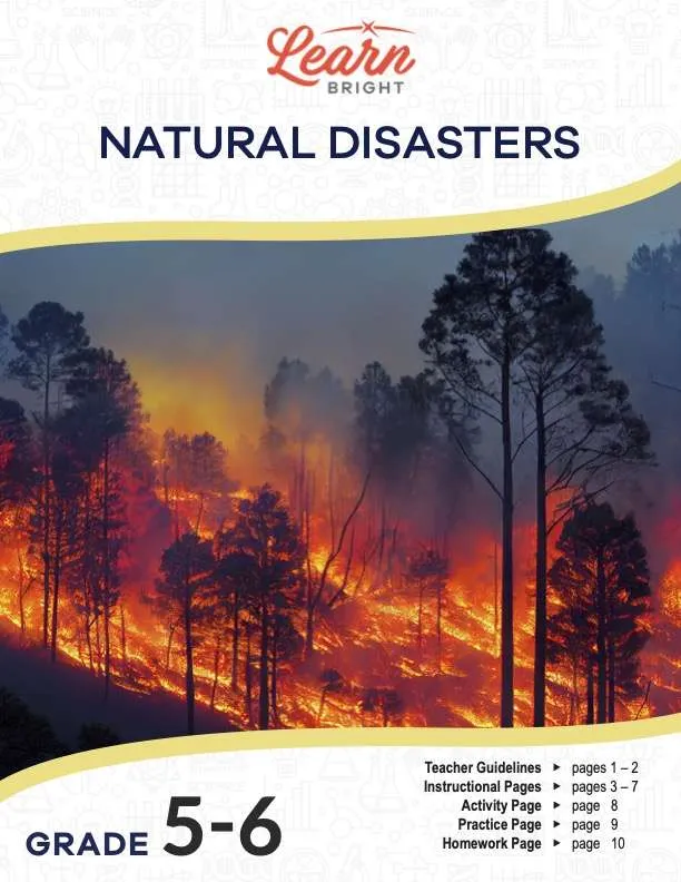 This is the title page for the Natural Disasters lesson plan. The main image is of a wildfire. The orange Learn Bright logo is at the top of the page.