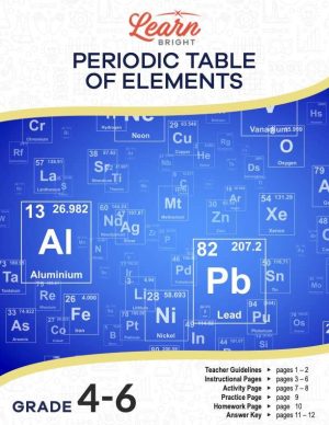 This is the title page for the Periodic Table of Elements lesson plan. The main image is a blue background with various elements and their information in white outlines and squares. The orange Learn Bright logo is at the top of the page.
