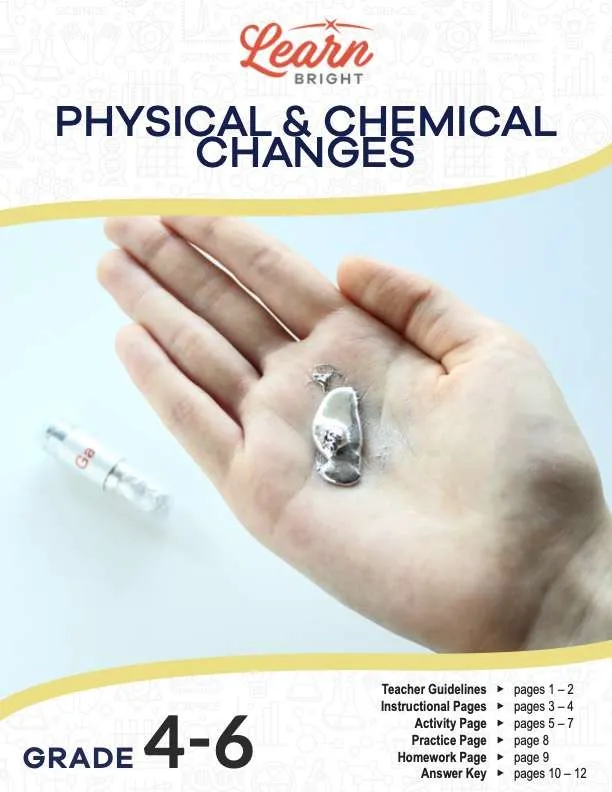 This is the title page for the Physical and Chemical Changes lesson plan. The main holding what looks like liquified metal in the palm. The orange Learn Bright logo is at the top of the page.