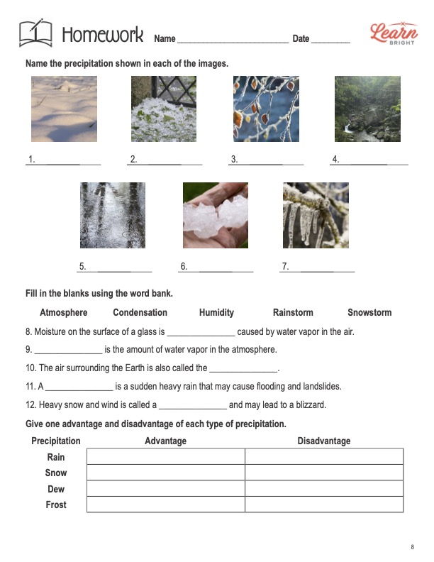 This is the homework worksheet for the Precipitation lesson plan. There are photos of different kinds of precipitation in various settings. The orange Learn Bright logo is in the upper right corner of the page.