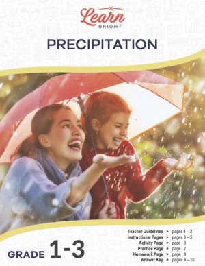 This is the title page for the Precipitation lesson plan. The main image is of a woman and girl under an umbrella holding their hands out to feel the rain falling. The orange Learn Bright logo is at the top of the page.