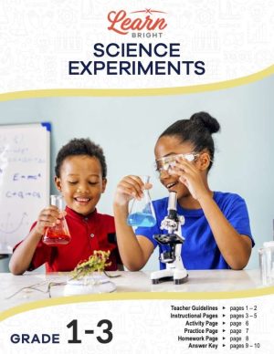 This is the title page for the Science Experiments lesson plan. The main image is of two kids conducting an experiment. The orange Learn Bright logo is at the top of the page.