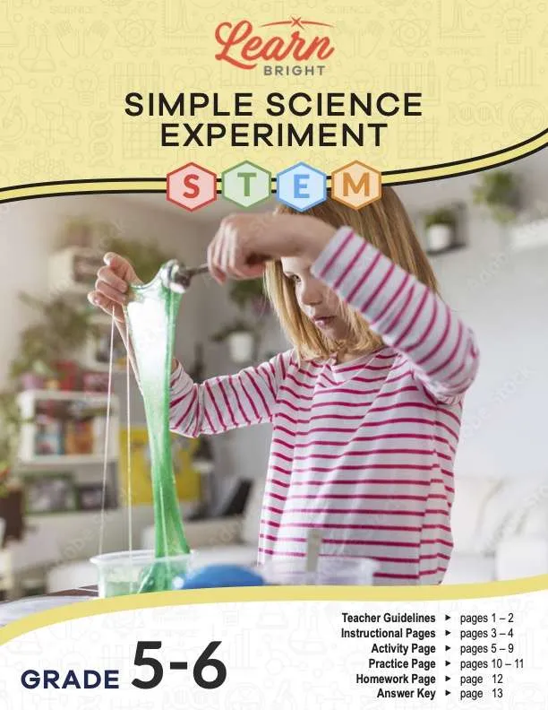 This is the title page for the Simple Science Experiment STEM lesson plan. The main image is of a girl playing with a gooey and stretchy green substance. The orange Learn Bright logo is at the top of the page.